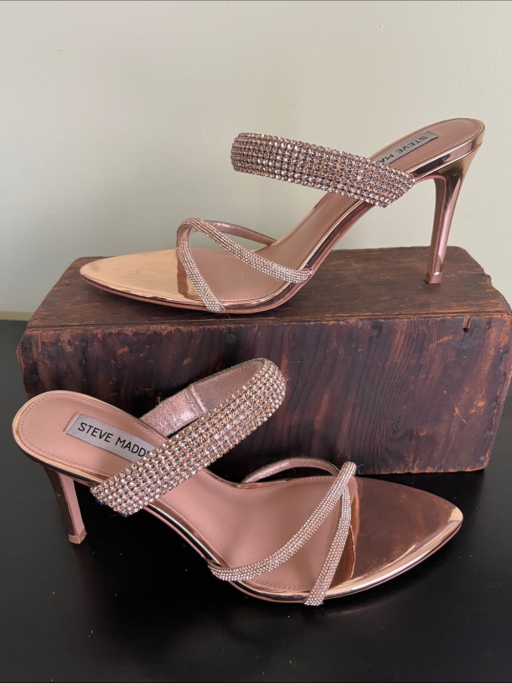 Steve Madden Rose Gold Crystal Strap Camina Slide Heels